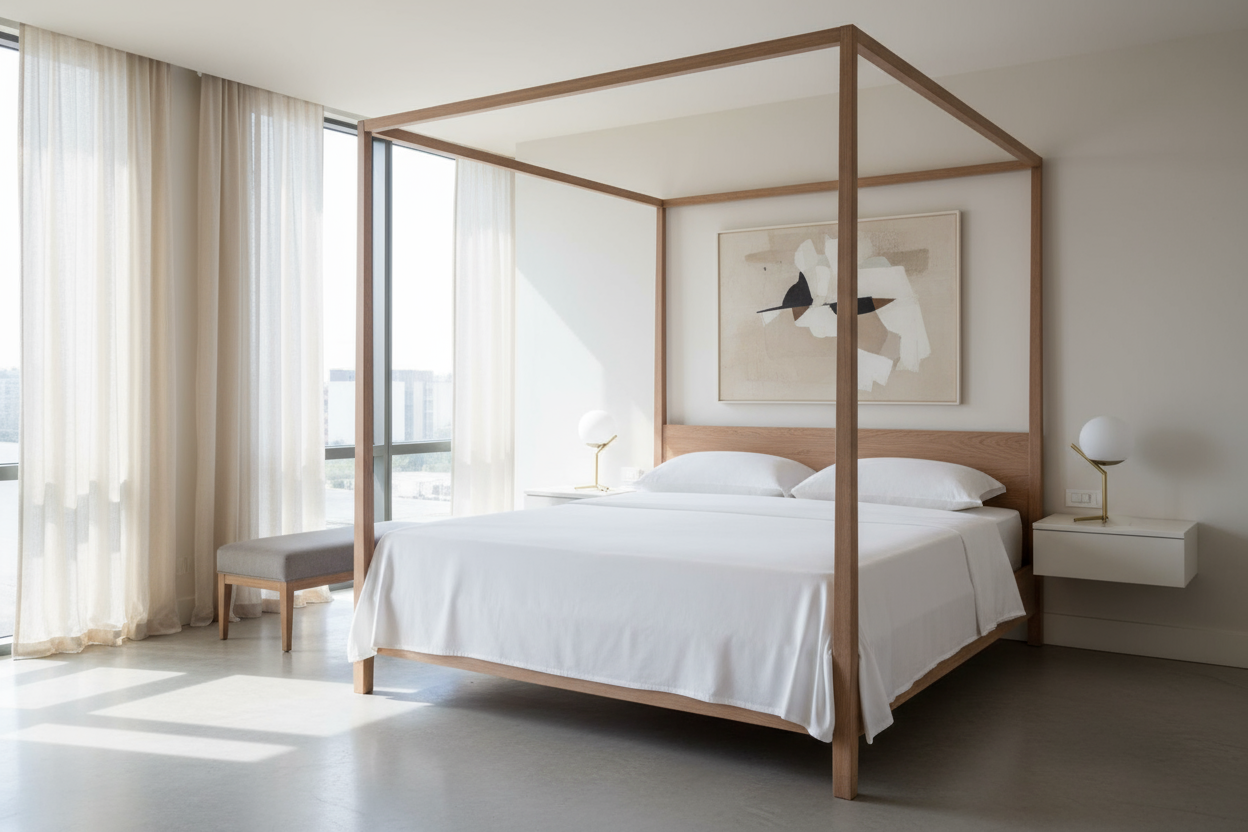 Create an image of a bed with only the sheets on it. Exclude the comforter. Large bedroom of a nice modern home. Focus on the bed and the sheets that a fitted to the frame of the bed. 